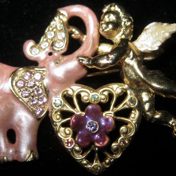 KIRKS FOLLY SIGNED 2 X'S NEW OLD STOCK PINK ELEPHANT W/FAIRY & HEART BROOCH - Picture 7 of 7